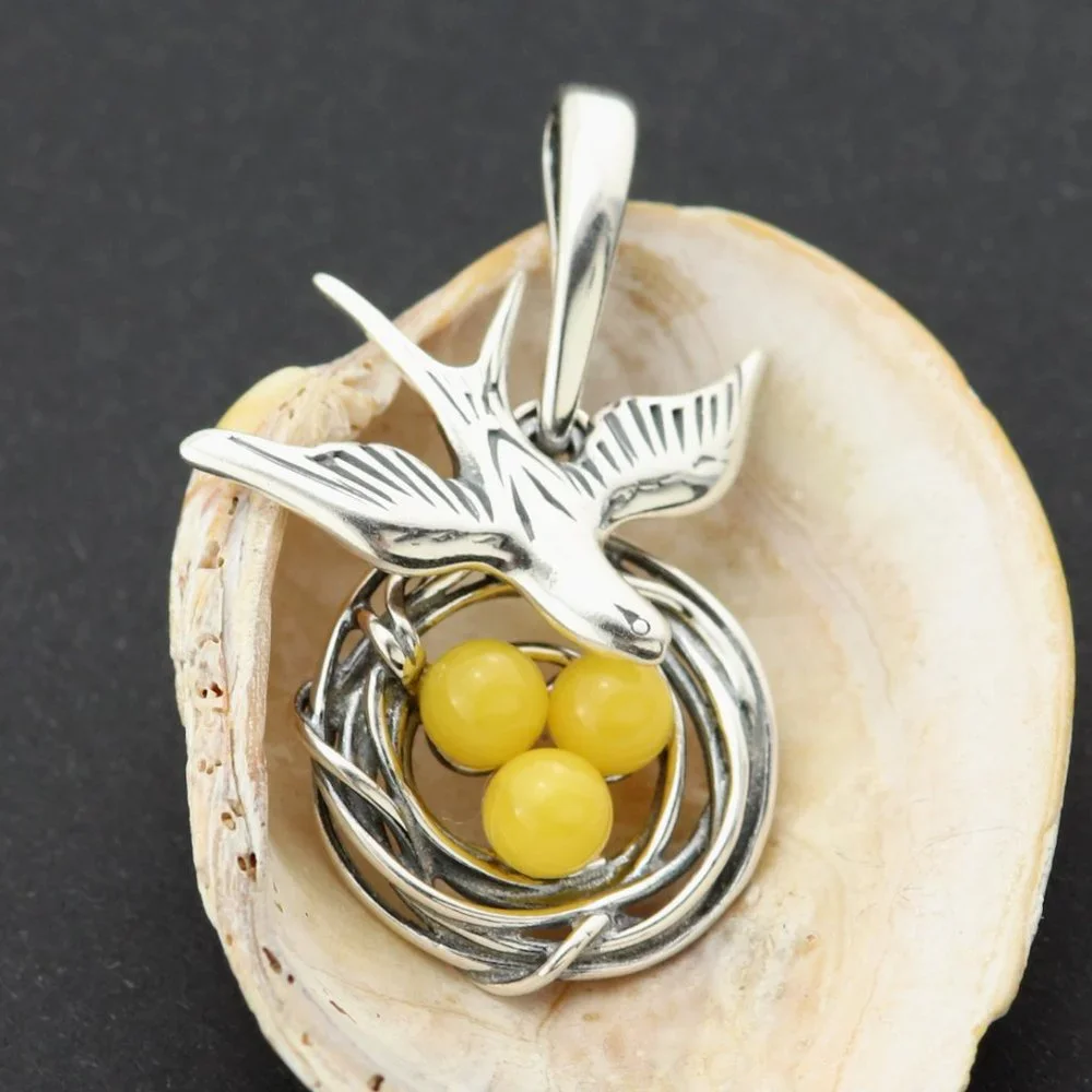 Very unique yellow amber pendant with all three parts moving, sterling silver - Picture 10 of 11
